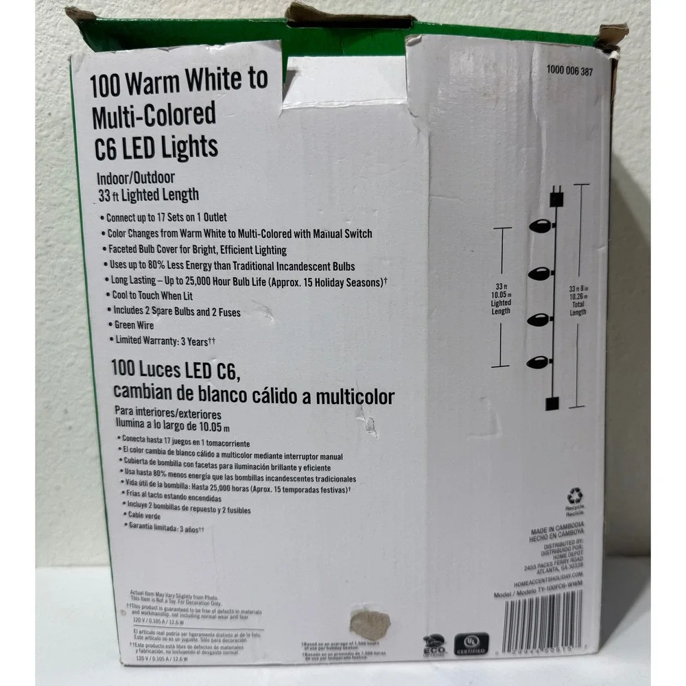 Home Accents Holiday 100 C6 LED Lights Warm White to Multi-Color TY-100FC6-WWM